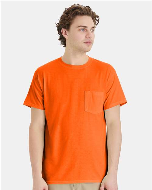 Hanes W110 Unisex Workwear Pocket T-Shirt - Safety Orange - model front