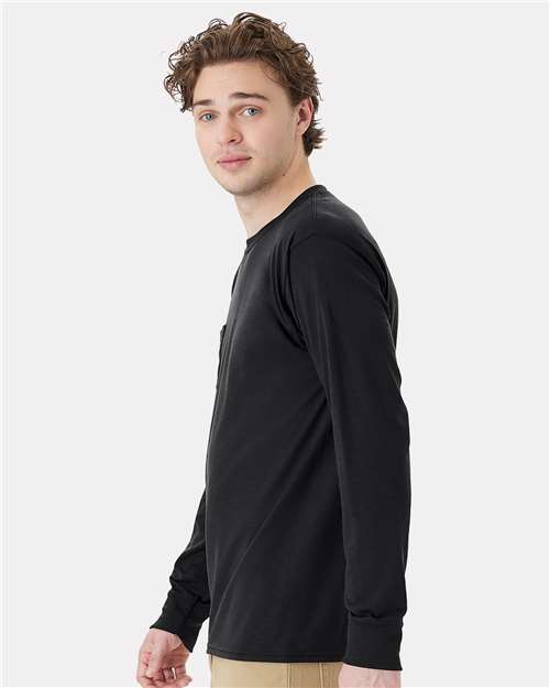 Hanes W120 Unisex Workwear Long Sleeve Pocket T-Shirt - Black - model side