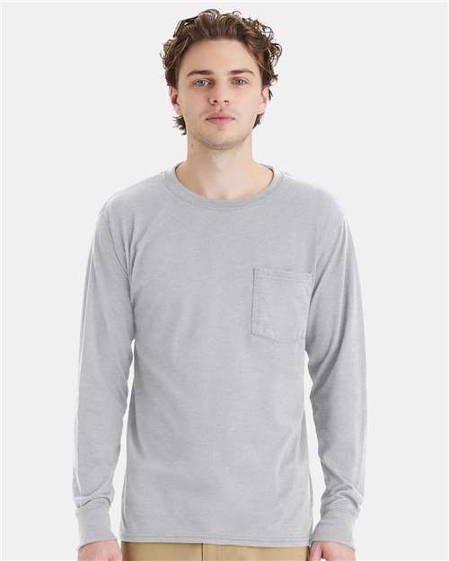 Hanes W120 Unisex Workwear Long Sleeve Pocket T-Shirt - Light Steel - model front