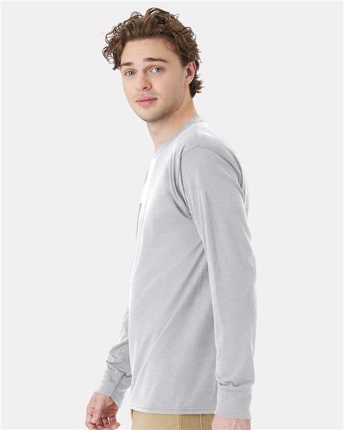 Hanes W120 Unisex Workwear Long Sleeve Pocket T-Shirt - Light Steel - model side