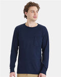 Hanes W120 Unisex Workwear Long Sleeve Pocket T-Shirt - Navy - model front