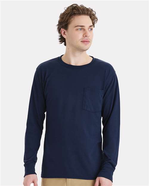 Hanes W120 Unisex Workwear Long Sleeve Pocket T-Shirt - Navy - model front