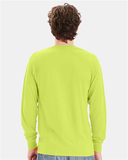 Hanes W120 Unisex Workwear Long Sleeve Pocket T-Shirt - Safety Green - model back