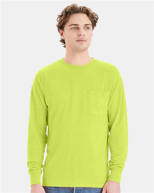 Hanes W120 Unisex Workwear Long Sleeve Pocket T-Shirt - Safety Green - model front