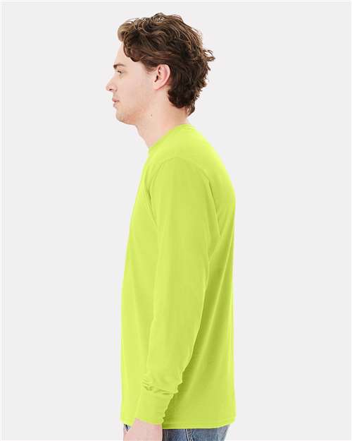 Hanes W120 Unisex Workwear Long Sleeve Pocket T-Shirt - Safety Green - model side