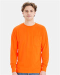 Hanes W120 Unisex Workwear Long Sleeve Pocket T-Shirt - Safety Orange - model front