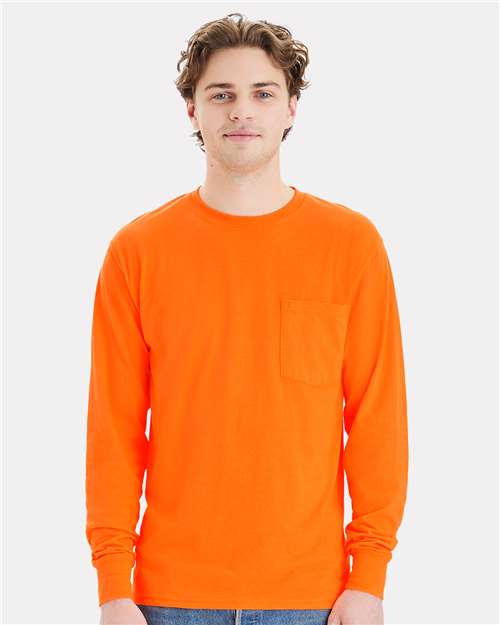 Hanes W120 Unisex Workwear Long Sleeve Pocket T-Shirt - Safety Orange - model front