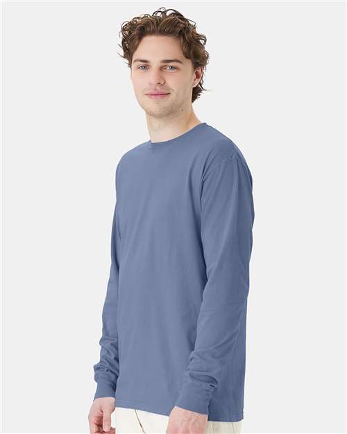 Hanes GDH200 Unisex Garment-Dyed Long Sleeve T-Shirt - Saltwater - model side
