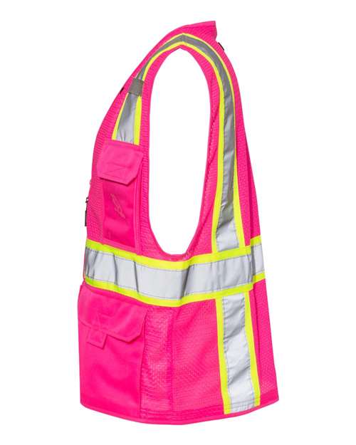 Kishigo B100-111 Unisex EV Series Enhanced Visibility Multi-Pocket Mesh Vest - Pink/ Lime - B107 - side