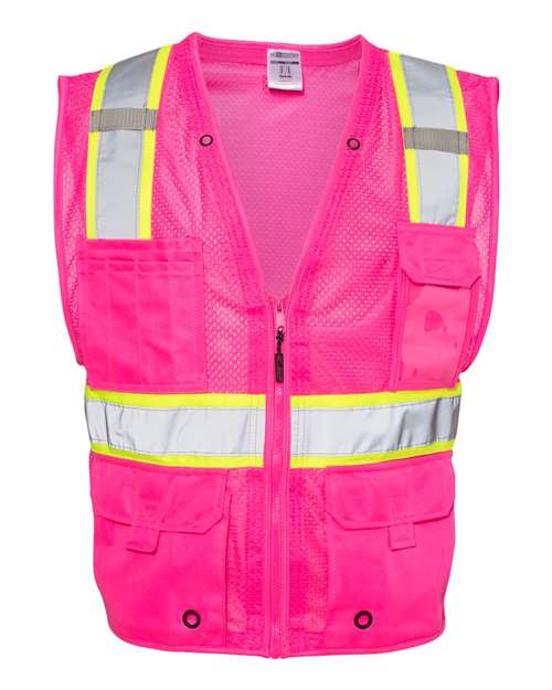 Kishigo B100-111 Unisex EV Series Enhanced Visibility Multi-Pocket Mesh Vest - Pink/ Lime - B107 - front