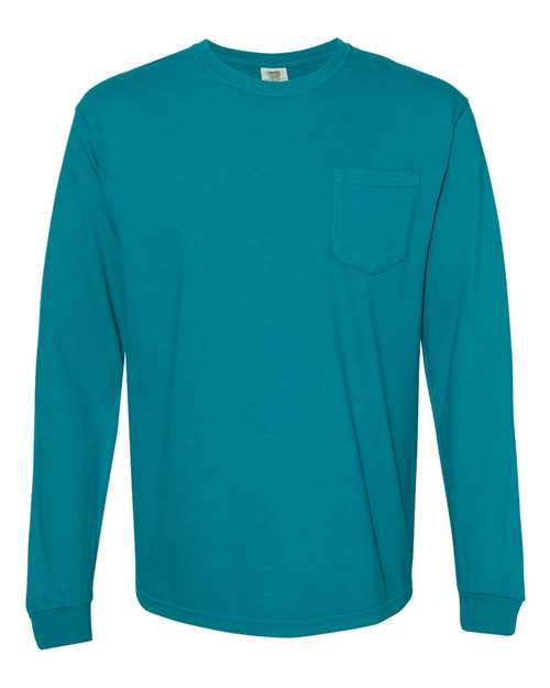 Comfort Colors 4410 Garment-Dyed Heavyweight Long Sleeve Pocket T-Shirt - Topaz Blue - front