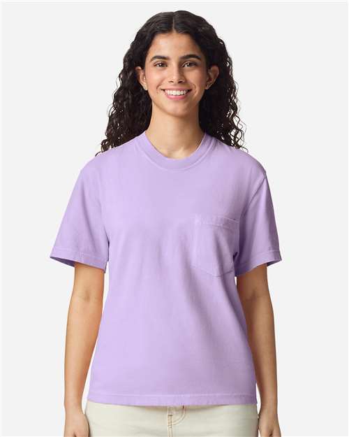Comfort Colors 6030 Unisex Garment-Dyed Heavyweight Pocket T-Shirt - Orchid - model front
