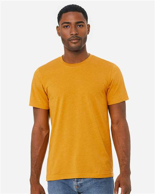 Bella+Canvas 3001CVC Unisex Heather CVC Short Sleeve Tee - Heather Mustard - model front