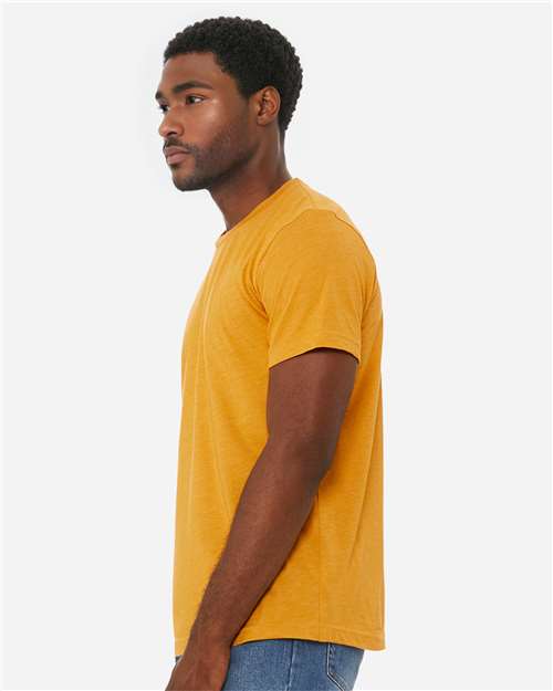 Bella+Canvas 3001CVC Unisex Heather CVC Short Sleeve Tee - Heather Mustard - model side
