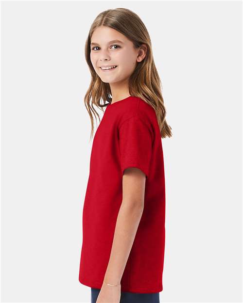 Hanes 5480 Youth Essential-T T-Shirt - Athletic Red - model side