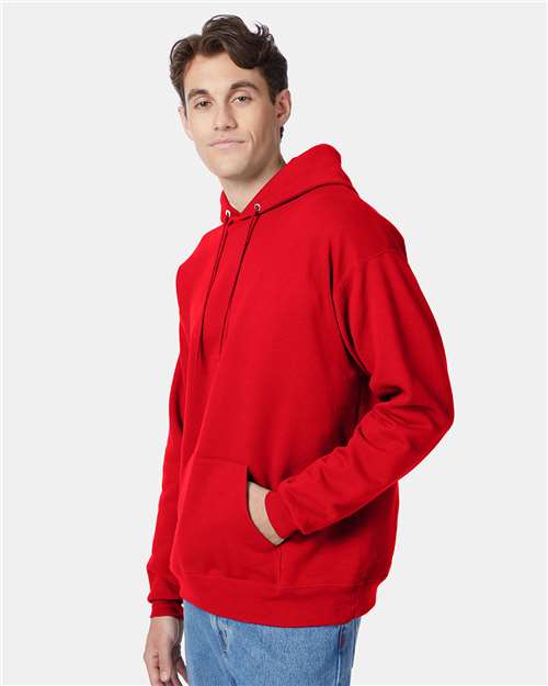 Hanes P170 EcoSmart Hooded Sweatshirt - Athletic Red - model side