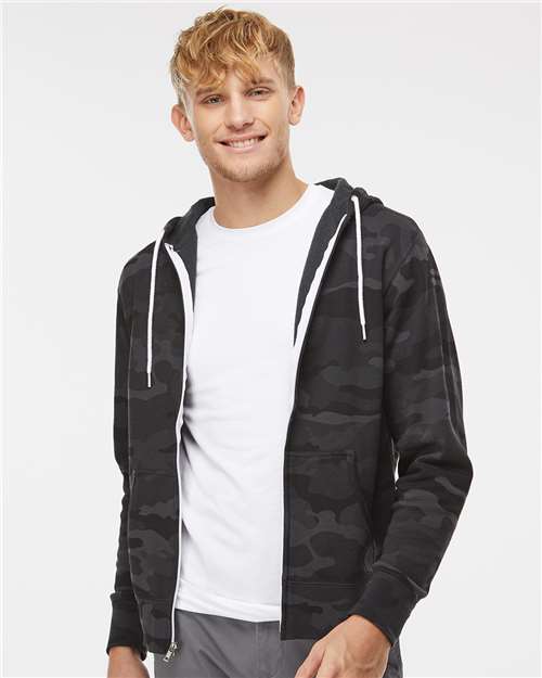 Independent Trading Co. AFX90UNZ Unisex Lightweight Full-Zip Hooded Sweatshirt - Black Camo - model front