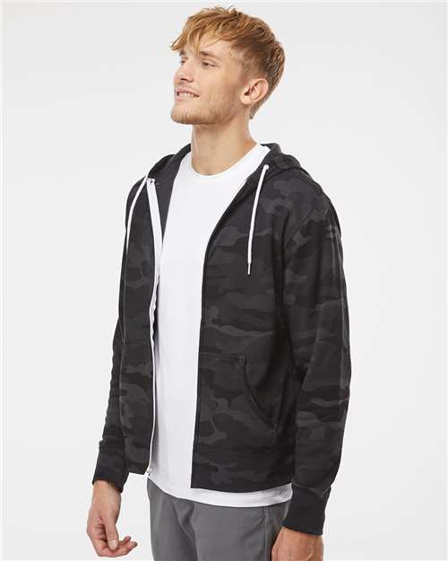 Independent Trading Co. AFX90UNZ Unisex Lightweight Full-Zip Hooded Sweatshirt - Black Camo - model side