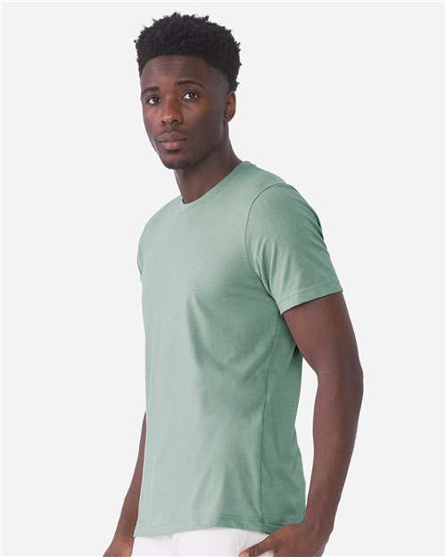 Bella+Canvas 3001CVC Unisex Heather CVC Short Sleeve Tee - Heather Dusty Blue - model side