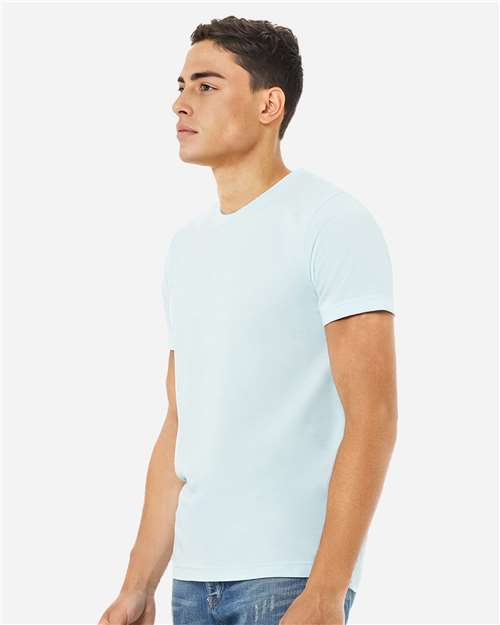 Bella+Canvas 3001CVC Unisex Heather CVC Short Sleeve Tee - Heather Ice Blue - model side