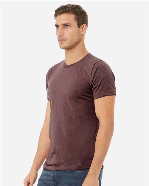 Bella+Canvas 3001CVC Unisex Heather CVC Short Sleeve Tee - Heather Maroon - model side