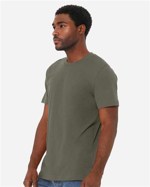 Bella+Canvas 3001CVC Unisex Heather CVC Short Sleeve Tee - Heather Military Green - model side