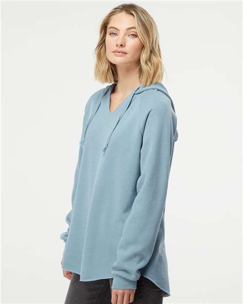 Independent Trading Co. PRM2500 Women’s Lightweight California Wave Wash Hooded Sweatshirt - Misty Blue - model side