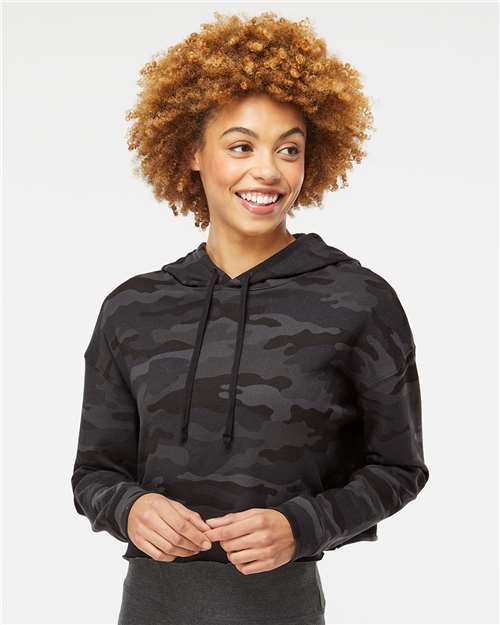 Independent Trading Co. AFX64CRP Women’s Lightweight Crop Hooded Sweatshirt - Black Camo - model front