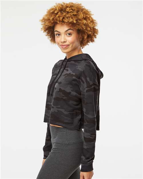 Independent Trading Co. AFX64CRP Women’s Lightweight Crop Hooded Sweatshirt - Black Camo - model side