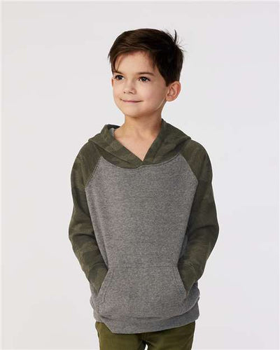 Independent Trading Co. PRM10TSB Toddler Special Blend Hooded Raglan Sweatshirt - Nickel Heather/ Forest Camo - model front