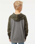 Independent Trading Co. PRM15YSB Youth Lightweight Special Blend Raglan Hooded Sweatshirt - Nickel Heather/ Forest Camo - model back