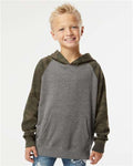 Independent Trading Co. PRM15YSB Youth Lightweight Special Blend Raglan Hooded Sweatshirt - Nickel Heather/ Forest Camo - model front