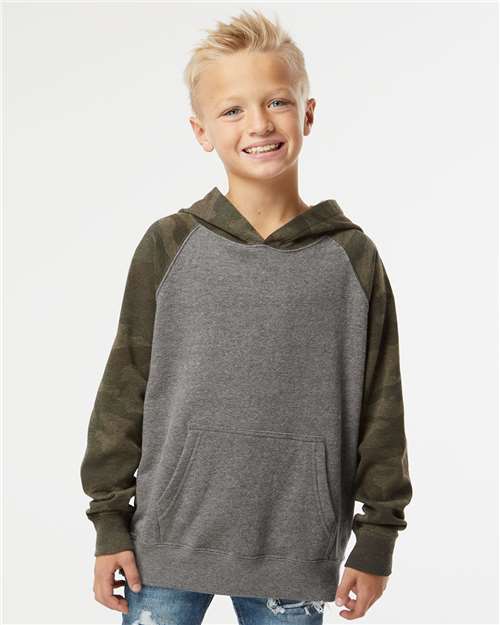 Independent Trading Co. PRM15YSB Youth Lightweight Special Blend Raglan Hooded Sweatshirt - Nickel Heather/ Forest Camo - model front
