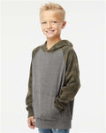 Independent Trading Co. PRM15YSB Youth Lightweight Special Blend Raglan Hooded Sweatshirt - Nickel Heather/ Forest Camo - model side