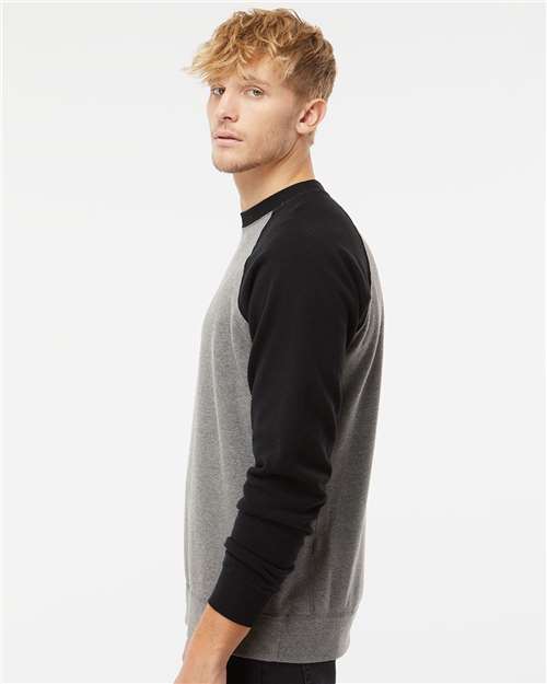 Independent Trading Co. PRM30SBC Unisex Special Blend Raglan Crewneck Sweatshirt - Nickel Heather/ Black - model side