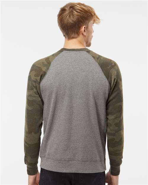 Independent Trading Co. PRM30SBC Unisex Special Blend Raglan Crewneck Sweatshirt - Nickel Heather/ Forest Camo - model back