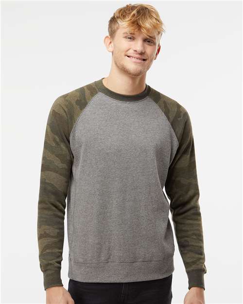 Independent Trading Co. PRM30SBC Unisex Special Blend Raglan Crewneck Sweatshirt - Nickel Heather/ Forest Camo - model front