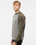 Independent Trading Co. PRM30SBC Unisex Special Blend Raglan Crewneck Sweatshirt - Nickel Heather/ Forest Camo - model side