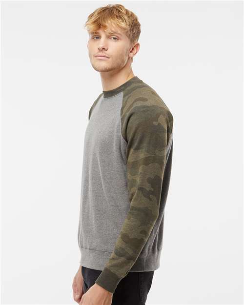 Independent Trading Co. PRM30SBC Unisex Special Blend Raglan Crewneck Sweatshirt - Nickel Heather/ Forest Camo - model side