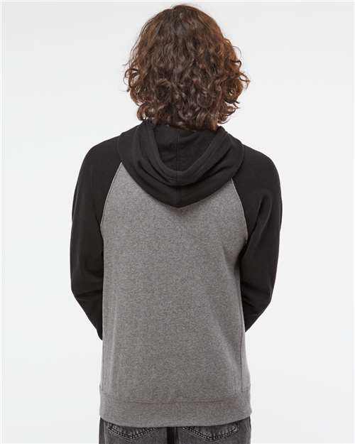 Independent Trading Co. PRM33SBP Unisex Special Blend Raglan Hooded Sweatshirt - Nickel Heather/ Black - model back