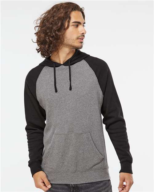 Independent Trading Co. PRM33SBP Unisex Special Blend Raglan Hooded Sweatshirt - Nickel Heather/ Black - model front