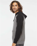 Independent Trading Co. PRM33SBP Unisex Special Blend Raglan Hooded Sweatshirt - Nickel Heather/ Black - model side