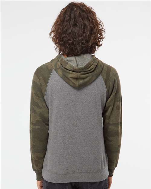 Independent Trading Co. PRM33SBP Unisex Special Blend Raglan Hooded Sweatshirt - Nickel Heather/ Forest Camo - model back
