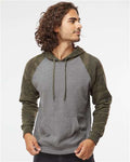 Independent Trading Co. PRM33SBP Unisex Special Blend Raglan Hooded Sweatshirt - Nickel Heather/ Forest Camo - model front