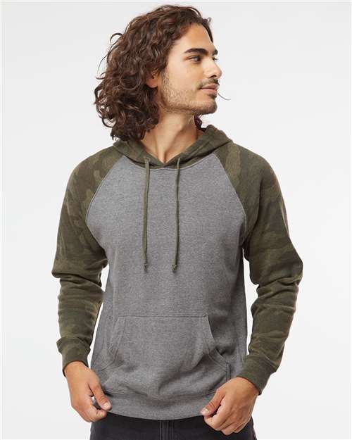Independent Trading Co. PRM33SBP Unisex Special Blend Raglan Hooded Sweatshirt - Nickel Heather/ Forest Camo - model front