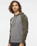 Independent Trading Co. PRM33SBP Unisex Special Blend Raglan Hooded Sweatshirt - Nickel Heather/ Forest Camo - model side