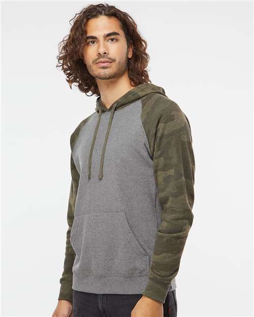 Independent Trading Co. PRM33SBP Unisex Special Blend Raglan Hooded Sweatshirt - Nickel Heather/ Forest Camo - model side
