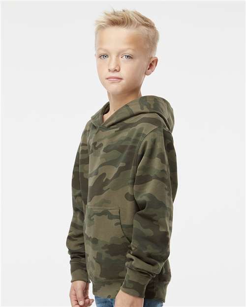 Independent Trading Co. SS4001Y Youth Midweight Hooded Sweatshirt - Forest Camo - model side