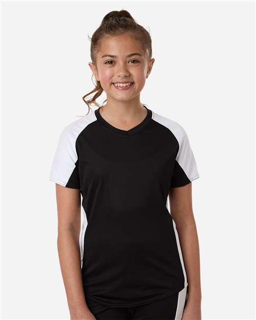 Augusta Sportswear 1523 Girls' Cutter Jersey - Black/ White - model front