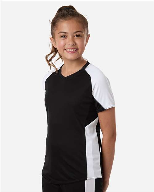 Augusta Sportswear 1523 Girls' Cutter Jersey - Black/ White - model side